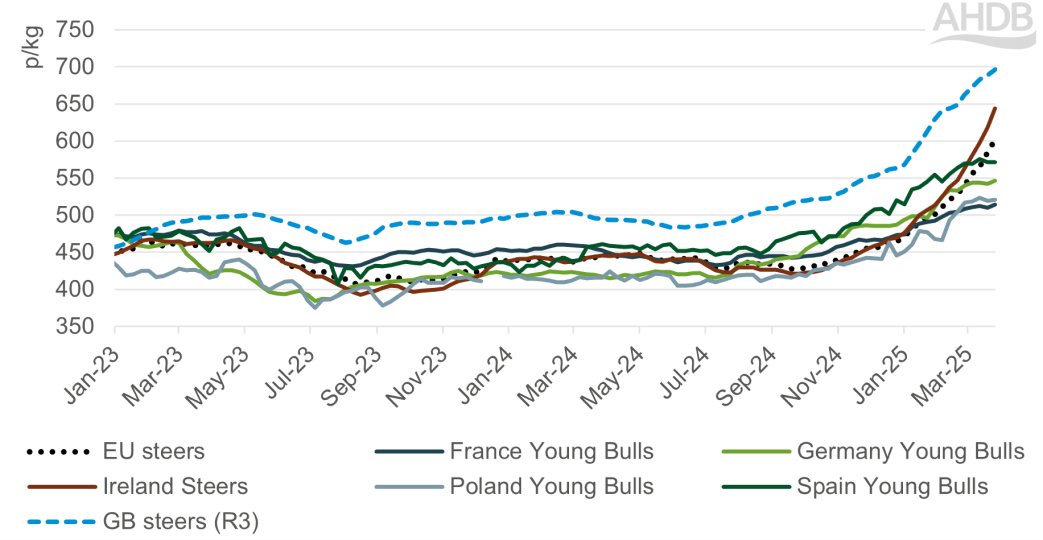 Chart showing weekly EU deadweight cattle prices